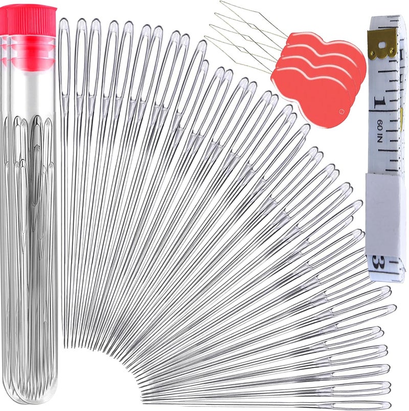 Orrdice 55 PCS Large Eye Sewing Needles, 5 Sizes Hand Sewing Needles, Including Embroidery - 50PCs with 4 Pcs Needle Threader and 1 Measuring Tape - Image 1